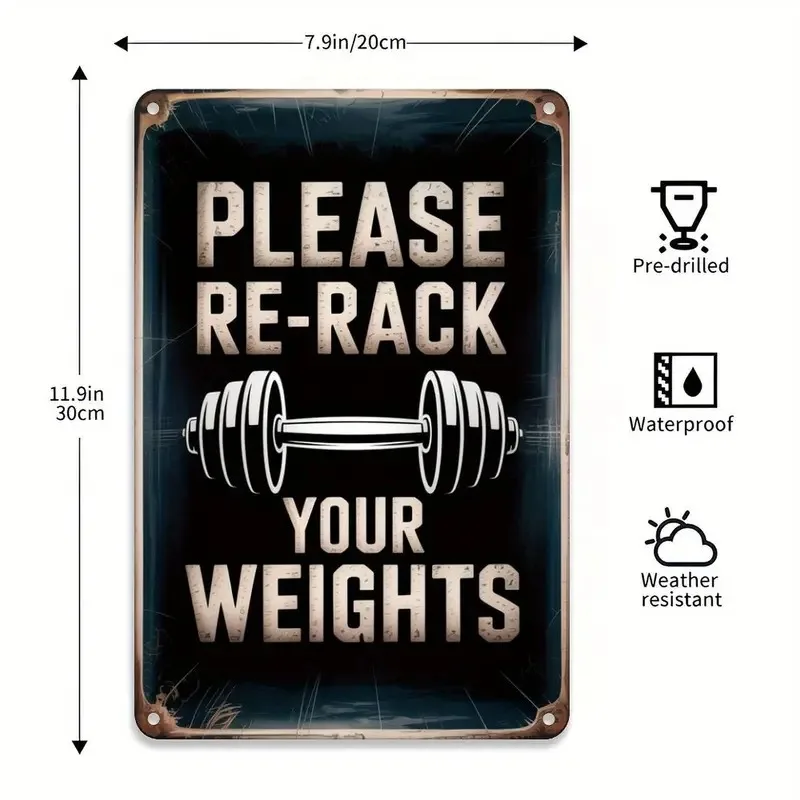 Retro-Style 2D Plane Metal aluminum Sign, Featuring a Striking Dumbbell Pattern Paired with The Words 