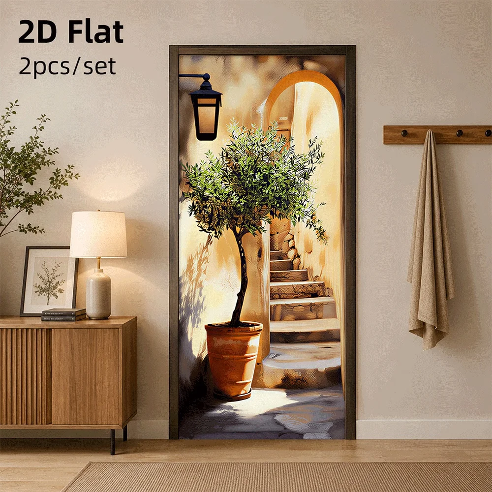 1 autocollant de porte rétro style méditerranéen avec arche et olivier, autocollant décoratif auto-adhésif pour salon et chambre à coucher, plat 2D