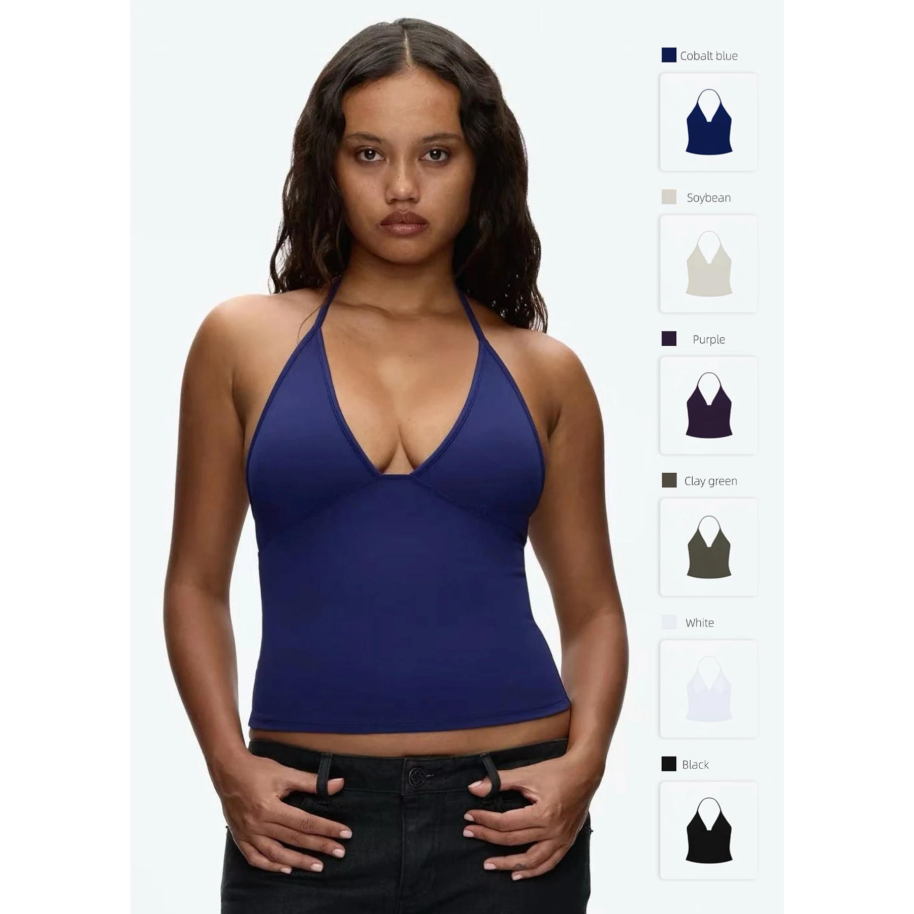 Tank Cobalt Blue Color Women's Halter-Style Bra, Sexy Low-Cut Sports Bra, Close-Fitting Stretch Yoga Top