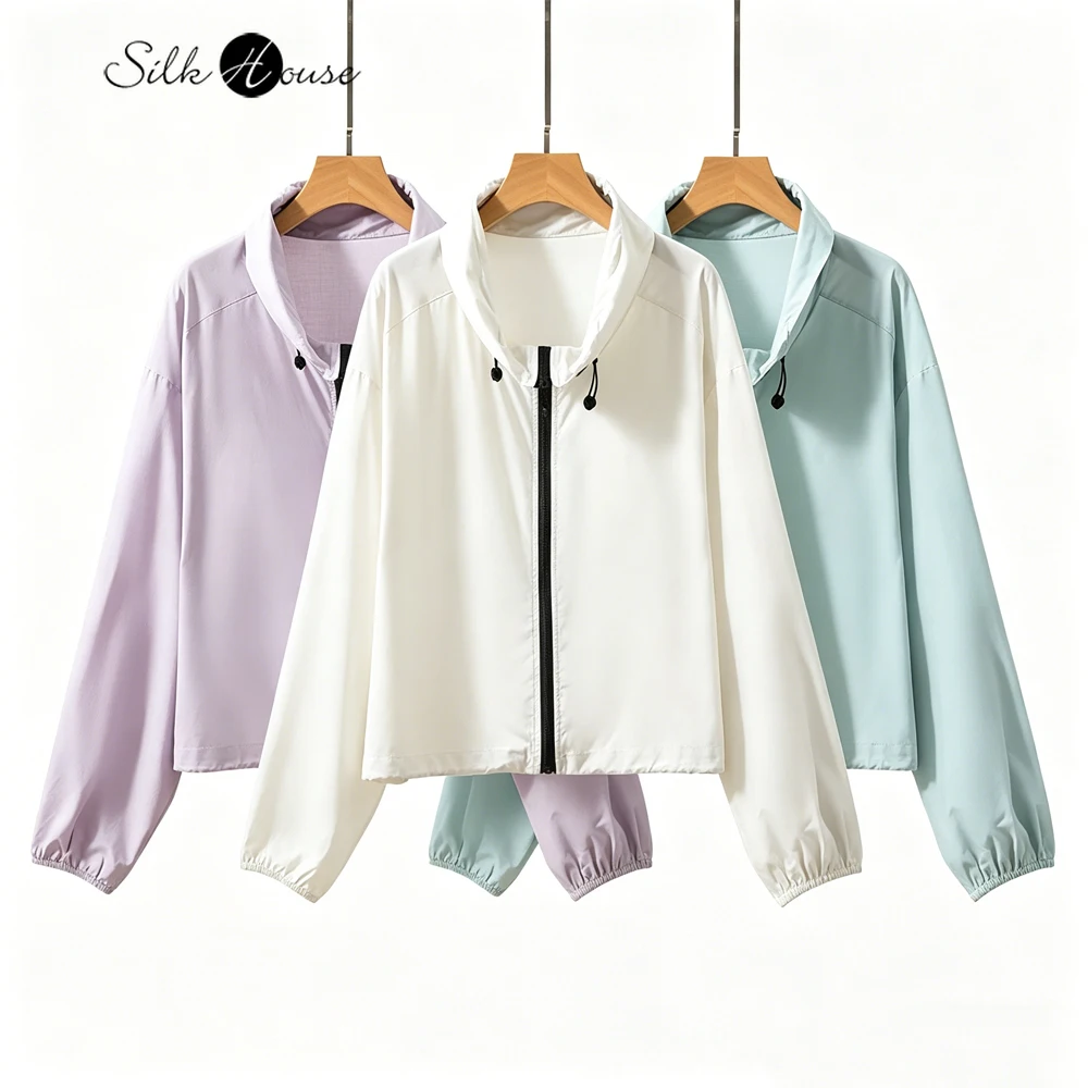 Women's Spring/Summer Clothing 70% Natural Mulberry Silk Flower Bud Drawstring Stand Collar Solid Versatile Sunscreen Clothing