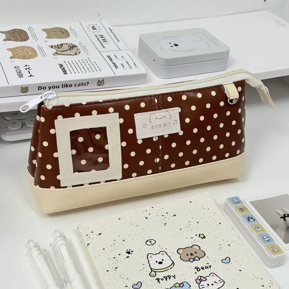 Durable PU Leather Pencil Case Brown Polka Dot Design Pen Bag With Photo Window Large Capacity Stationery Organizer Gift