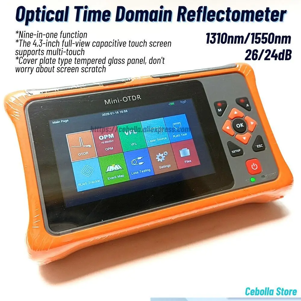 

Fiber Optic Reflectometer 1310/1550nm Mini OTDR Touch Screen 26/24dB VFL OLS OPM Event Map Ethernet Cable Tester