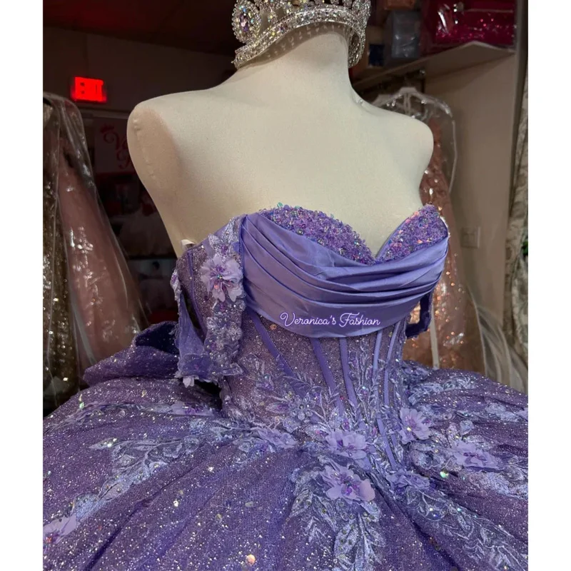 Lavender Lilac Quinceanera Dress Ball Gown Sequins Lace Applie Beading Corset Sweet 16 Dresses Of 15 Anos