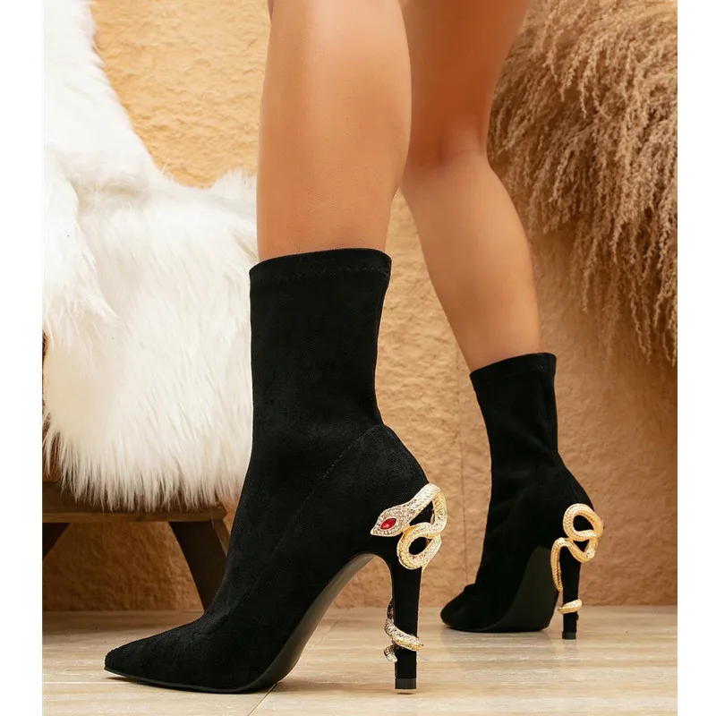 Autumn Winter Faux Suede Crystal Rhinestones Black Women Ankle Boots Elegant Pointed toe Stiletto High heels Short Boots Shoes