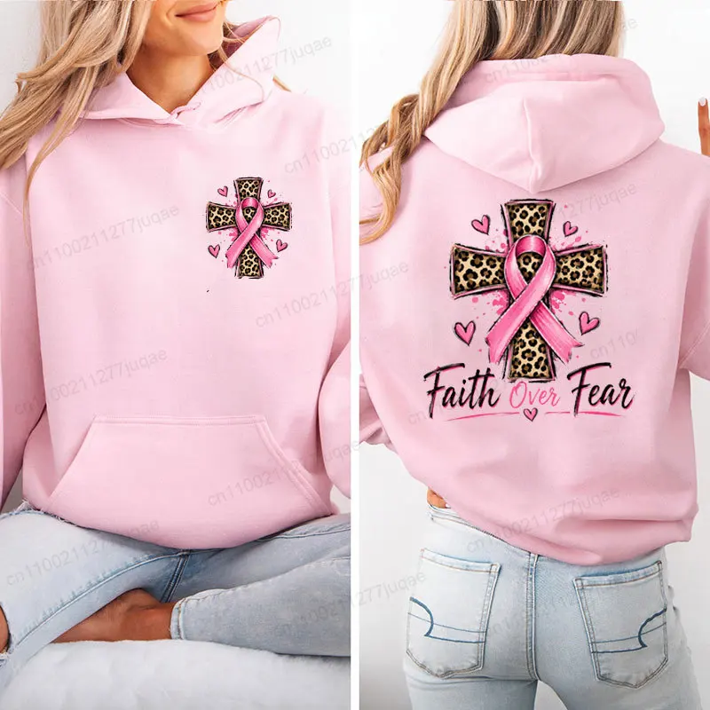 Women Faith Over Fear Hoodies Leopard Cross Pink Ribbon Breast Cancer Awareness Graphic Sweatshirts Support Survivor Tops Gifts