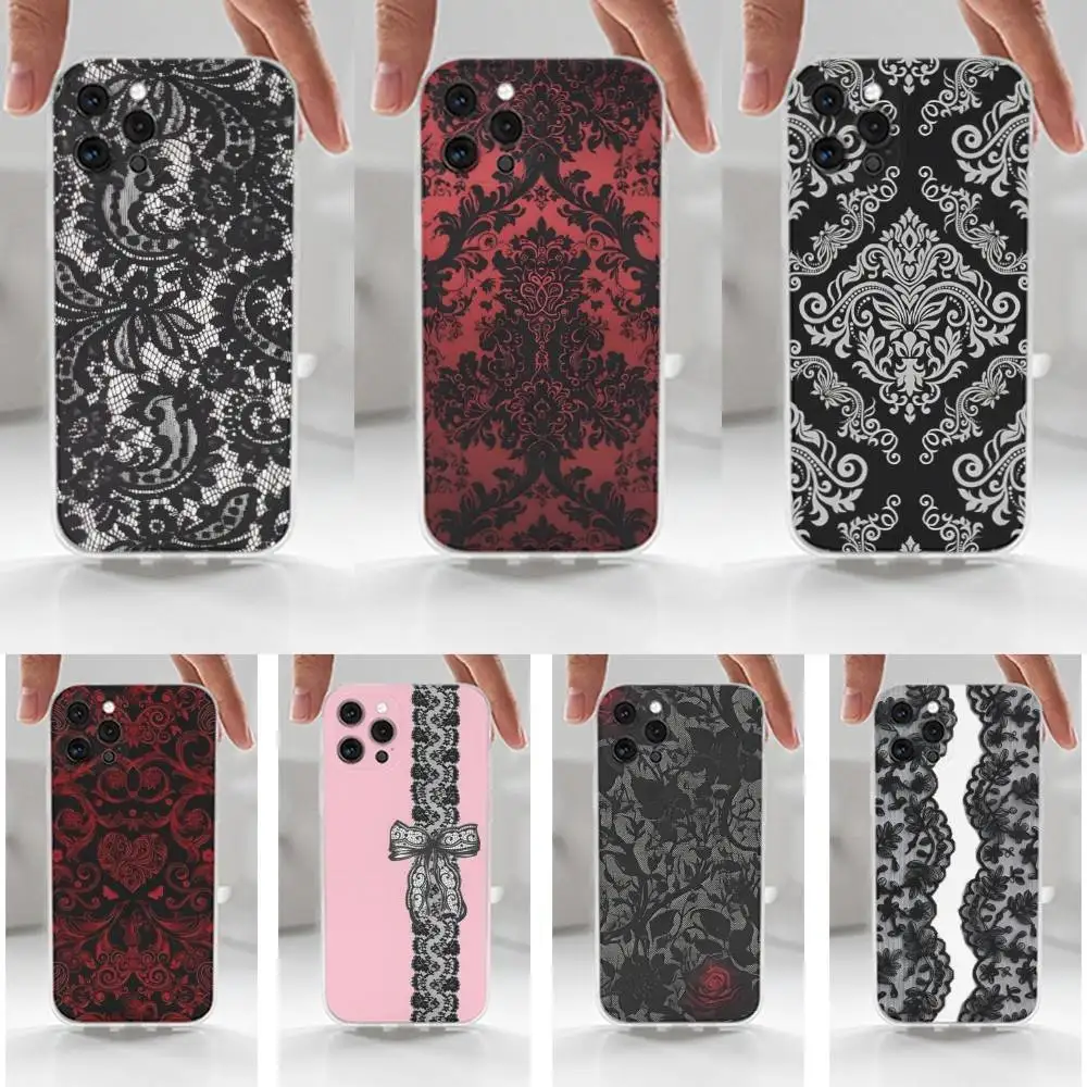 

Hot New Black lace Print Art Case For iPhone 16,15,14,17,13,12,11 Plus,Pro,Max,XR,XS,X,7,8 Plus,SE,Mini,Transparent,Silicone