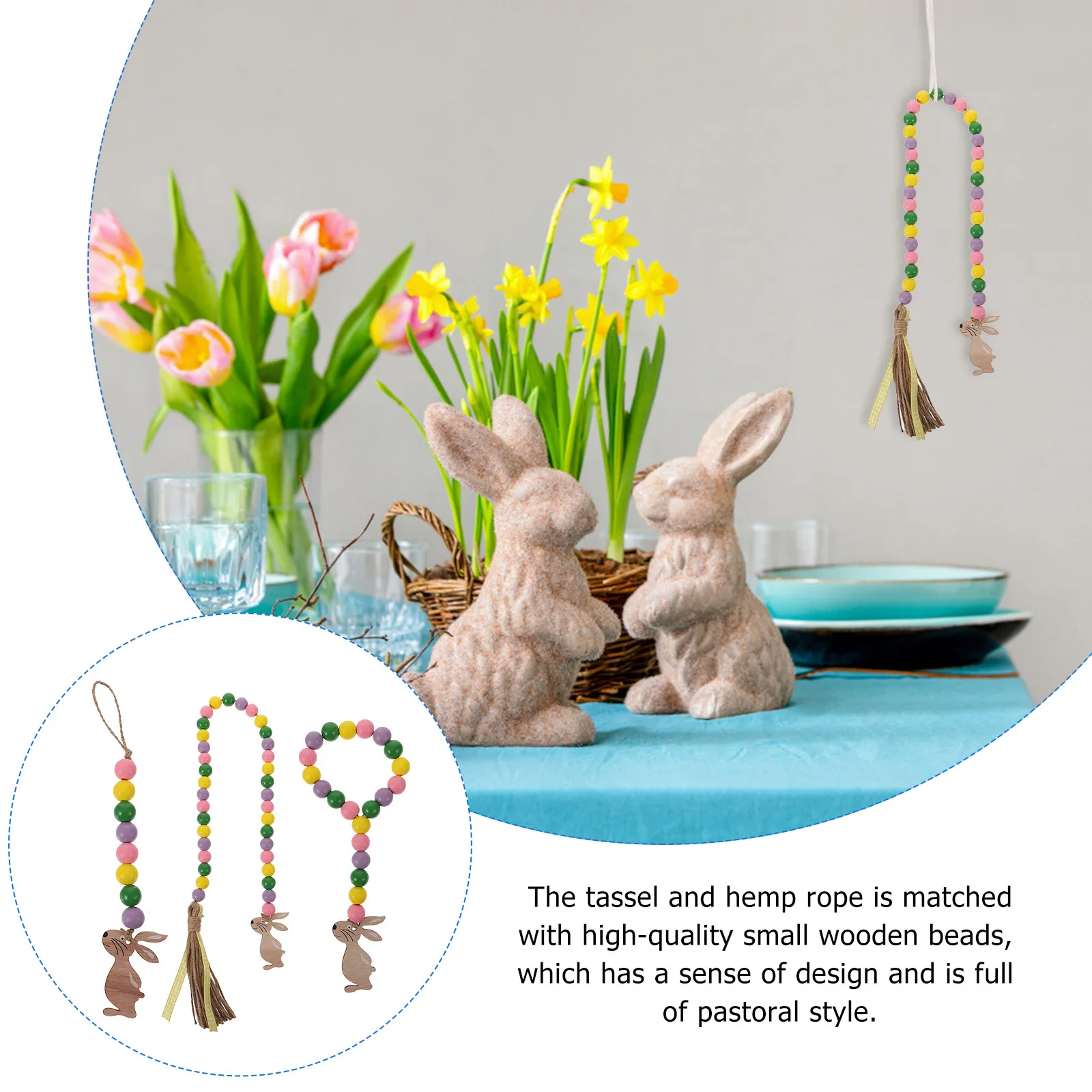 

3Pcs Easter Wooden Bead Tassel Rabbit Home Decoration Hanging Wall Adornment Crafts Wooden Bead Decor Home Hanging Decor