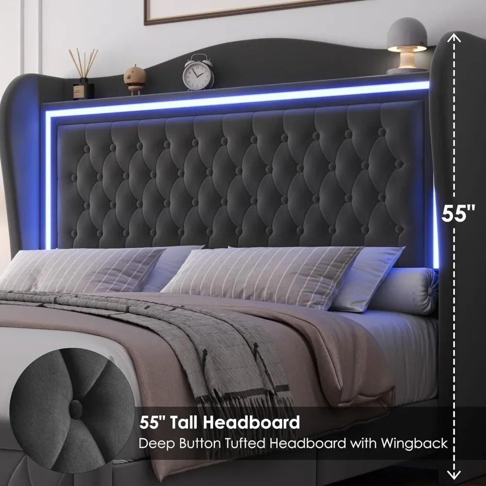 King Bed Frame com luzes LED, Cabeceira alta, veludo adornado, estofado Plataforma, 2 gavetas de armazenamento, botões, 55"