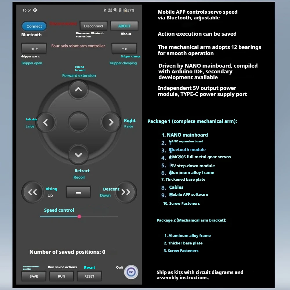 メタル4サーボロボットアーム、モバイルアプリ制御とロボットクロー付き、ArduinoロボットDIYアームキット