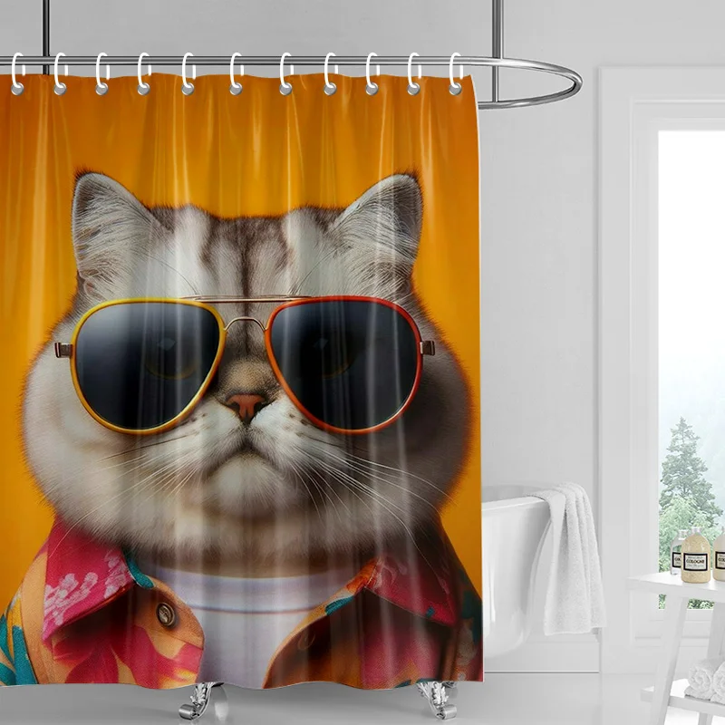 

Retro Sunglasses Cat Shower Curtain Washable Dirt-Resistant Shower Head waterproof Polyester Bath Curtain For Home Decor