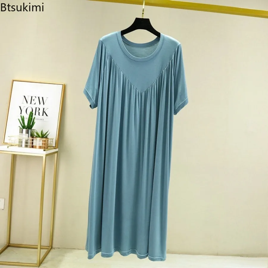 Modal Nightgown Women Cotton Clothes for Summer Loose Large Size Casual Short-sleeved Night Dress Pleated Thin Home Long Dress - view 4