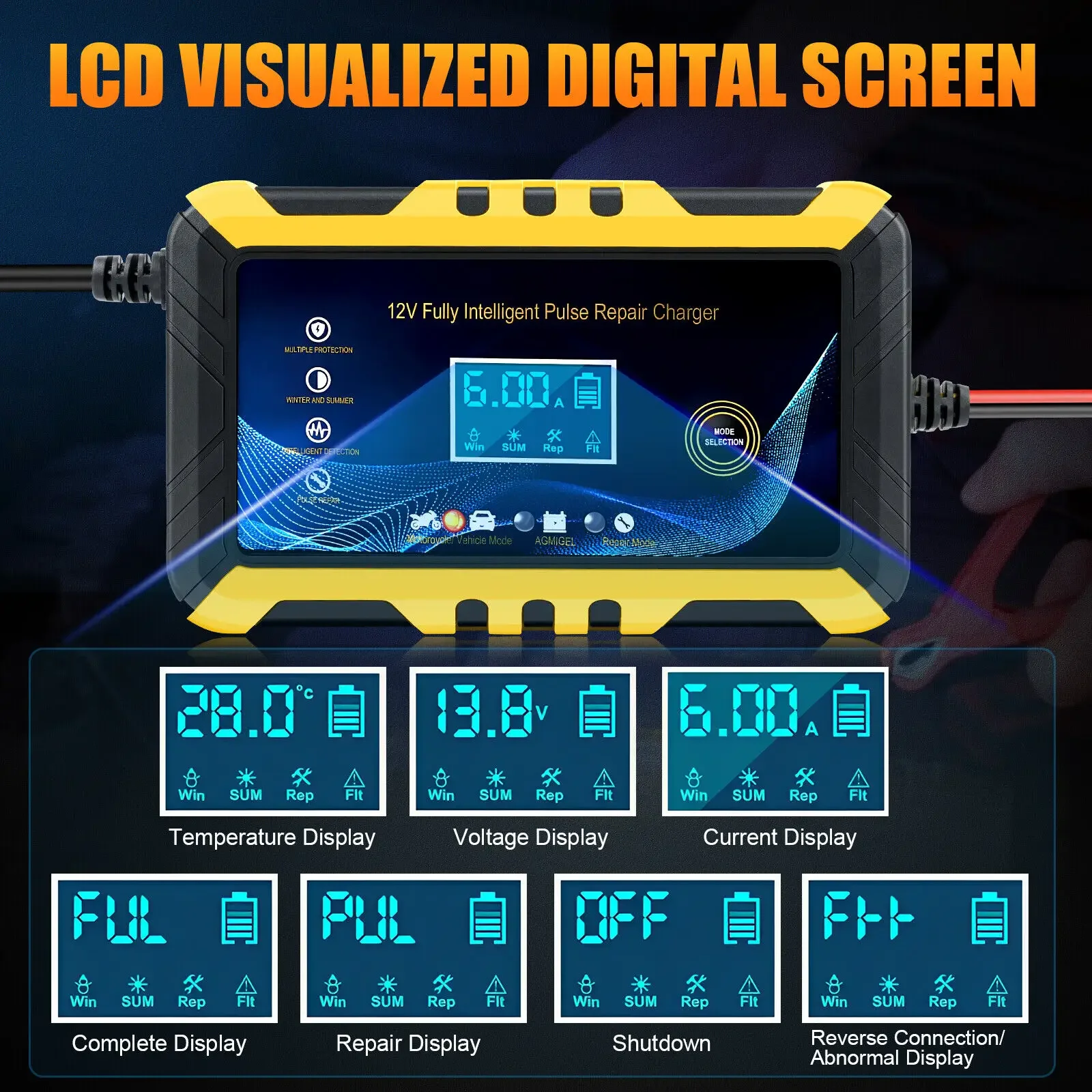 Cargador de batería de coche, dispositivo de carga de batería con pantalla LCD, reparación inteligente, 12V, 6A, nuevo