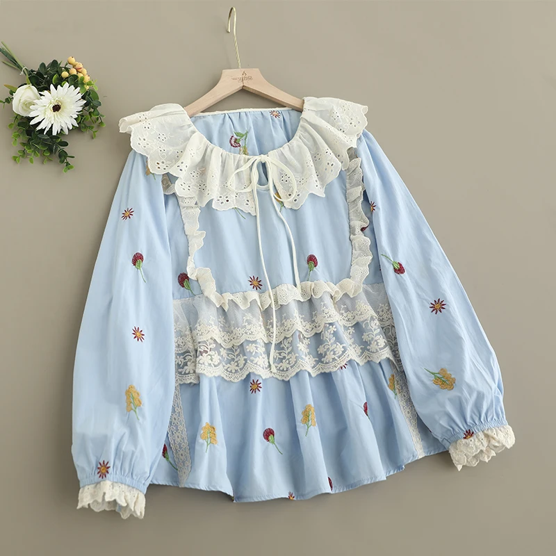 Spring New Japanese Mori Girl Sweet Lace Flower Embroidery Patchwork Cotton Shirts Women Ruffled Collar Long Sleeve Casual Tops