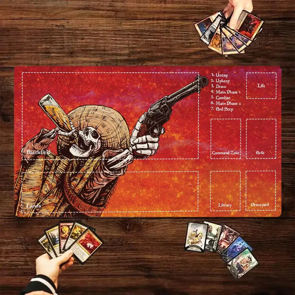 Skeleton Cowboy Gunner TCG Playmat 35X60CM Magic Card Battle Mat Non-Slip Durable Stitched Edge Tabletop Playmat