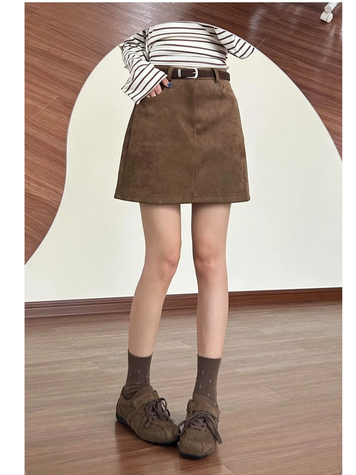 High Waist Faux Suede  Skirt Women's A-Line Short Skirt Slimming Retro Style Teen Girls' Fashionable Butt Covering Skirt