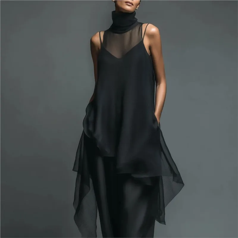 

Женский повседневный однотонный атласный костюм-двойка 2026: модный простой комплект с юбкой, элегантный шифоновый комплект из двух предметов с высоким воротом без рукавов