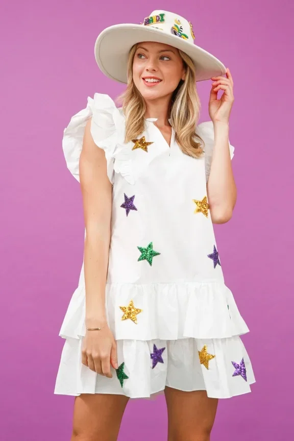 2024 spring and summer new women\'s star sequin sweet layered V-neck dress