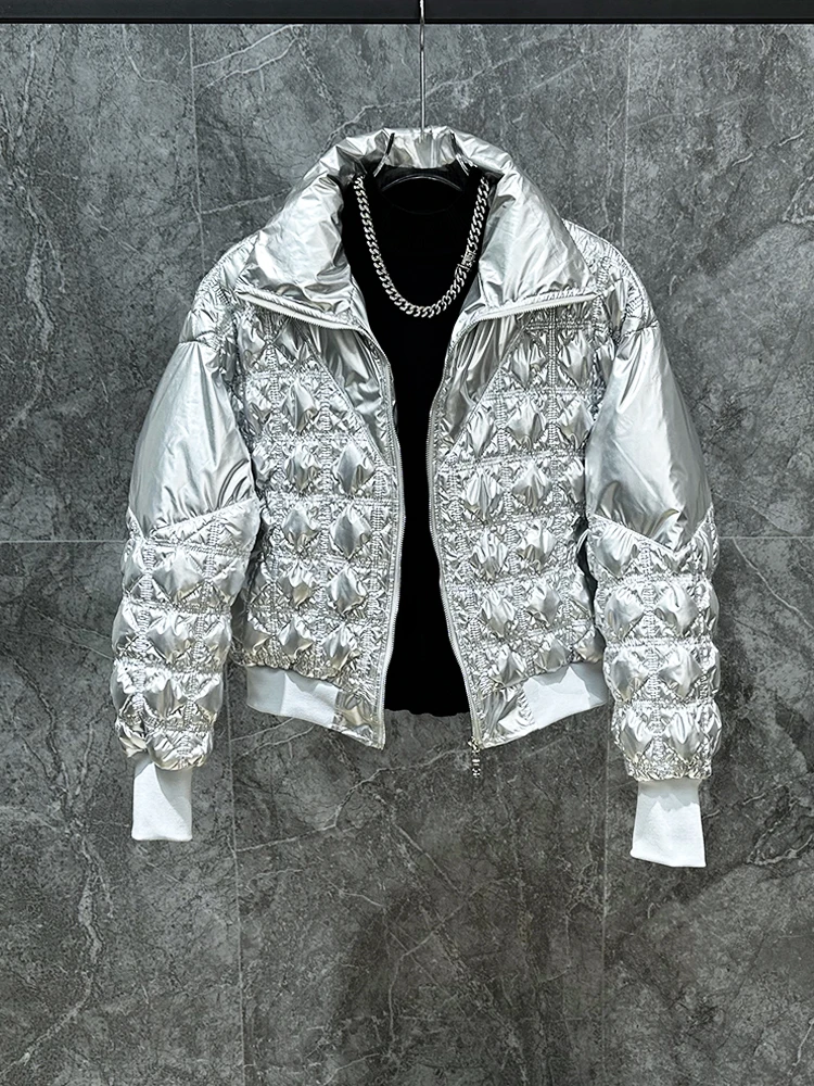 سترة شتوية جديدة للرجال مع سحاب وياقة واقفة وتصميم لامع عصري على طراز شارع العليا معطف فضفاض دافئ