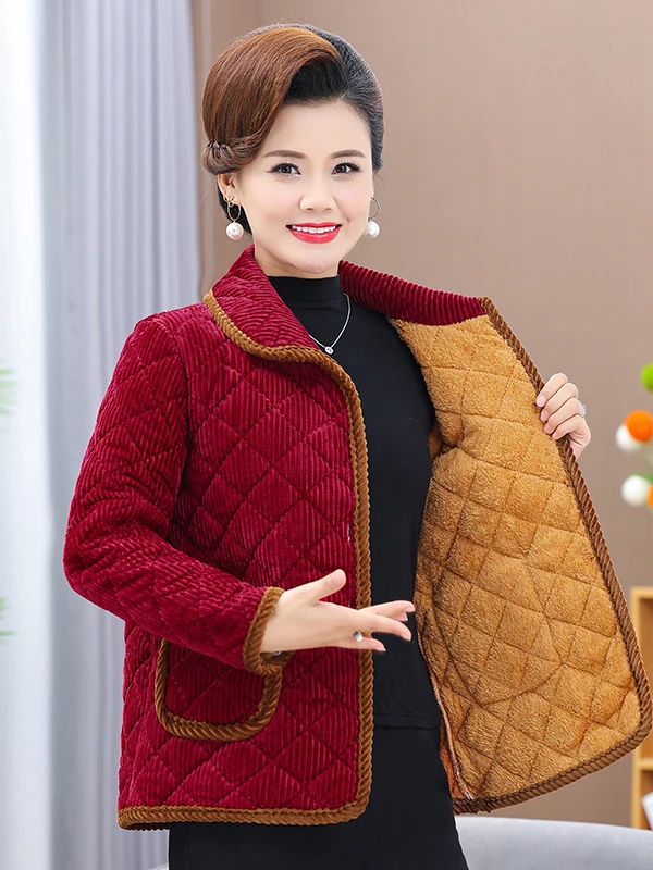 

Утепленное хлопковое пальто для женщин среднего и старшего возраста, вельветовое пальто с отложным воротником, осенне-зимнее, для мам