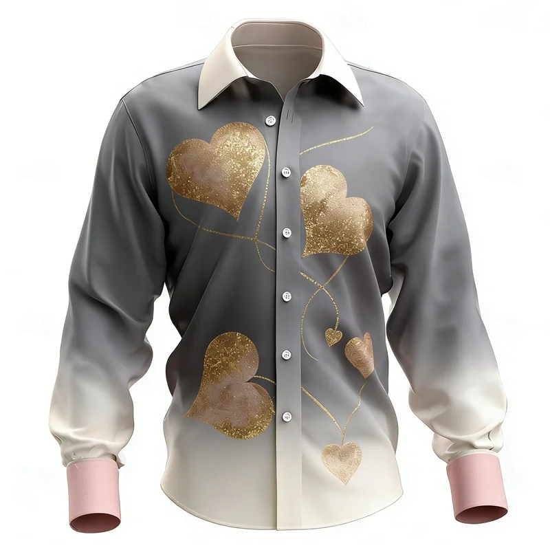 New men's blue gold 3D heart printed long sleeved shirt with fashionable and casual design suitable for tops
