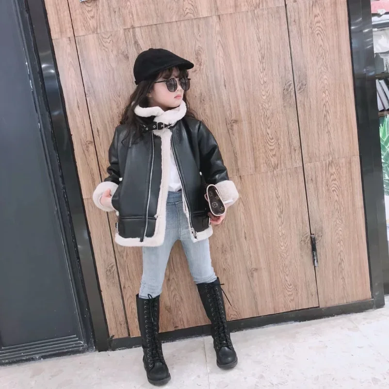 Girls Jacket Leather Motorcycle Kids Coats Fleece Children Jacket Winter Autumn