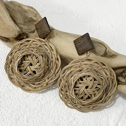 AENSOA Handmade Rattan Knit Hat Shaped Drop Earrings for Women Ethnic Woven Round Pendientes Earrings Boho Summer Beach Jewelry