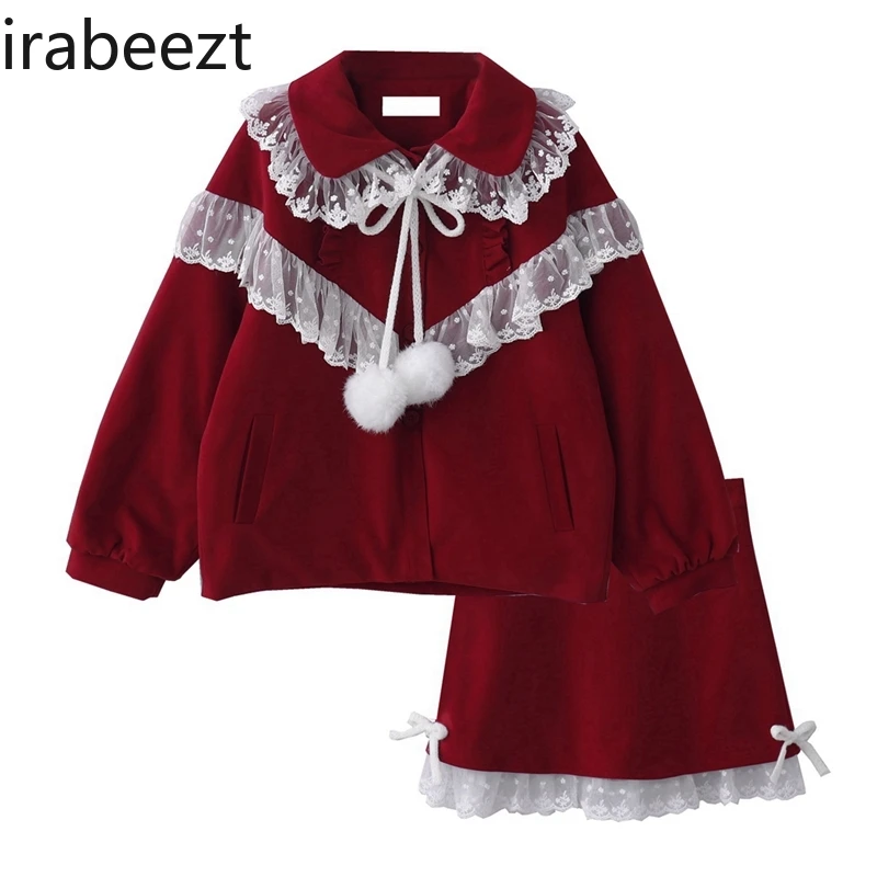 2024 New Vintage Sweet Lace Patchwork Woolen Coat + Woolen Skirt Red Two Pieces Suits for Women Conjuntos De Mujer