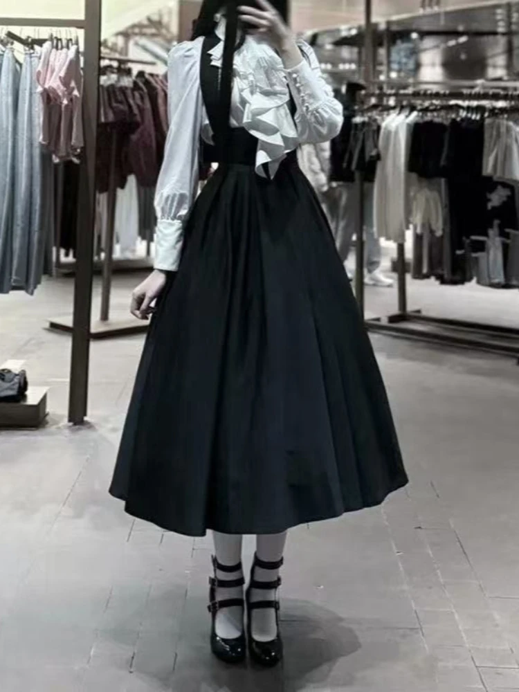 Japanses Lolita 2 Piece Sets Women White Long Sleeve Blouses + High Waist Pinafore Dress Suit Gothic Y2k Aesthetic Outfits 2000s