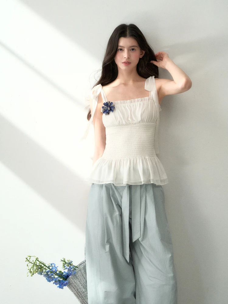 

Slimming Pleated Bridesmaid Vest Top Women's Summer Faion Pure Color with Wood ain Gathered Waist Design