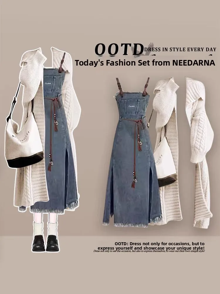 

Осенний теплый вязаный кардиган, свитер, пальто, джинсовый комбинезон, комплект из двух предметов, антивозрастной Faionable Princ Sle, длинный све, хлопок