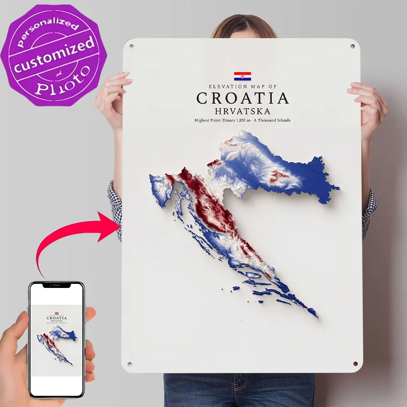 Elevation Map of Croatia Personalized 3D Textured Metal Poster Wall Art Vintage Tin Signs for Luxury Decoration Home Decorations