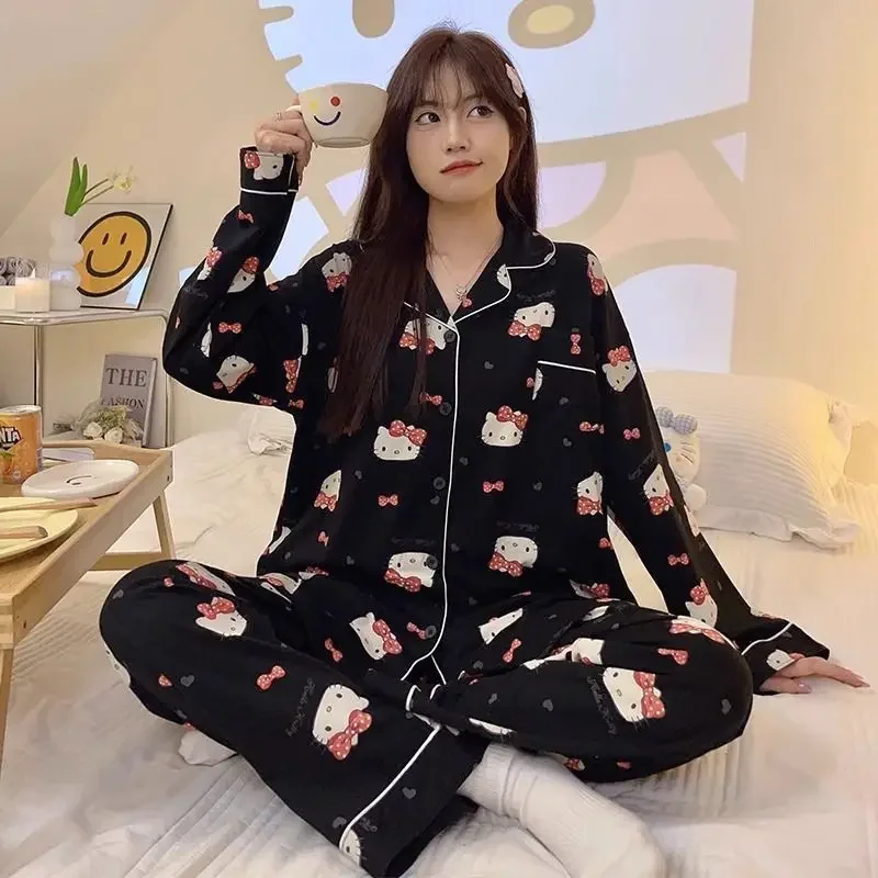 Pyjama imprimé Kawaii Sanurgente Hello Kitty pour femme, cardigan à revers chat KT, manches longues, pantalon, ensemble de vêtements d'intérieur 2 pièces, printemps, automne