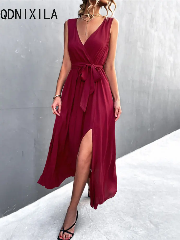 

Elegant Party Dresses for Women 2024 Summer Sexy V-neck Strap Sleeveless Split Dress High Waisted Slim Long Robe One-step Skirt