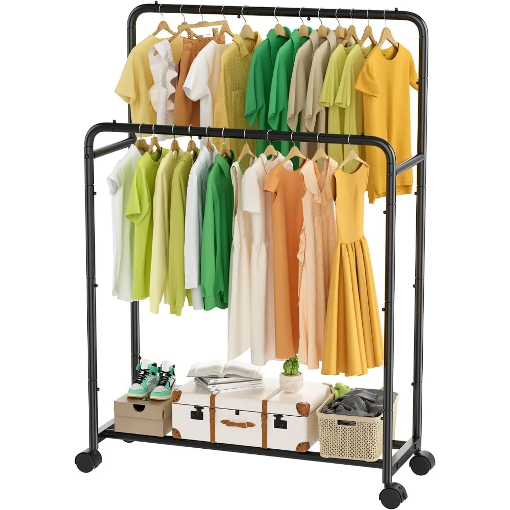 

Clothing Clothes Rack Double Rods with Wheels, Rolling Metal Garment Rack for Hanging, Black