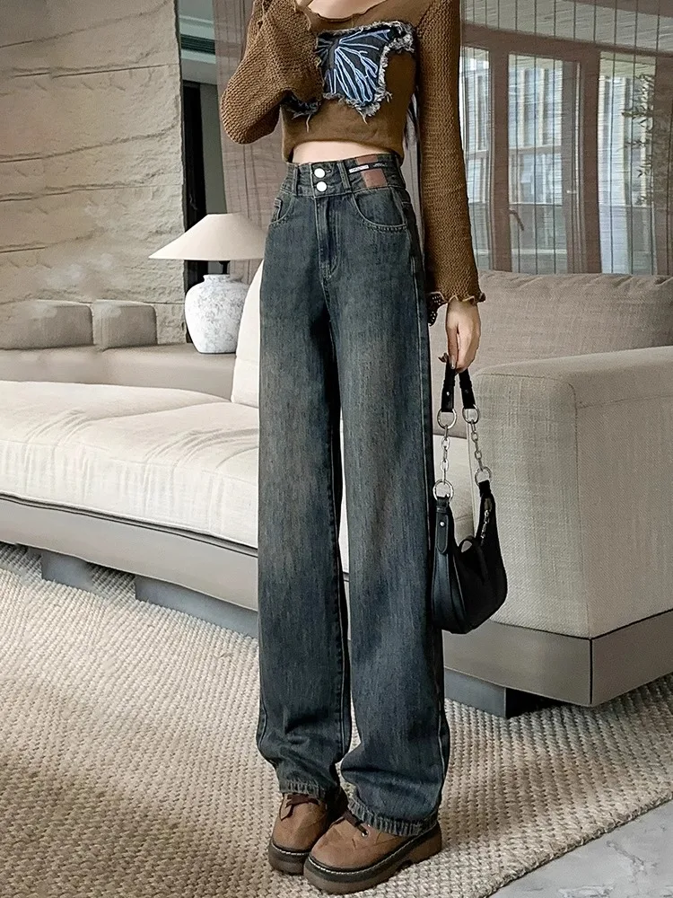 

Джинсы женские с высокой талией, прямые, на подкладке, свободного кроя, утягивающие, больших размеров, в американском стиле, узкая версия, широкие штанины