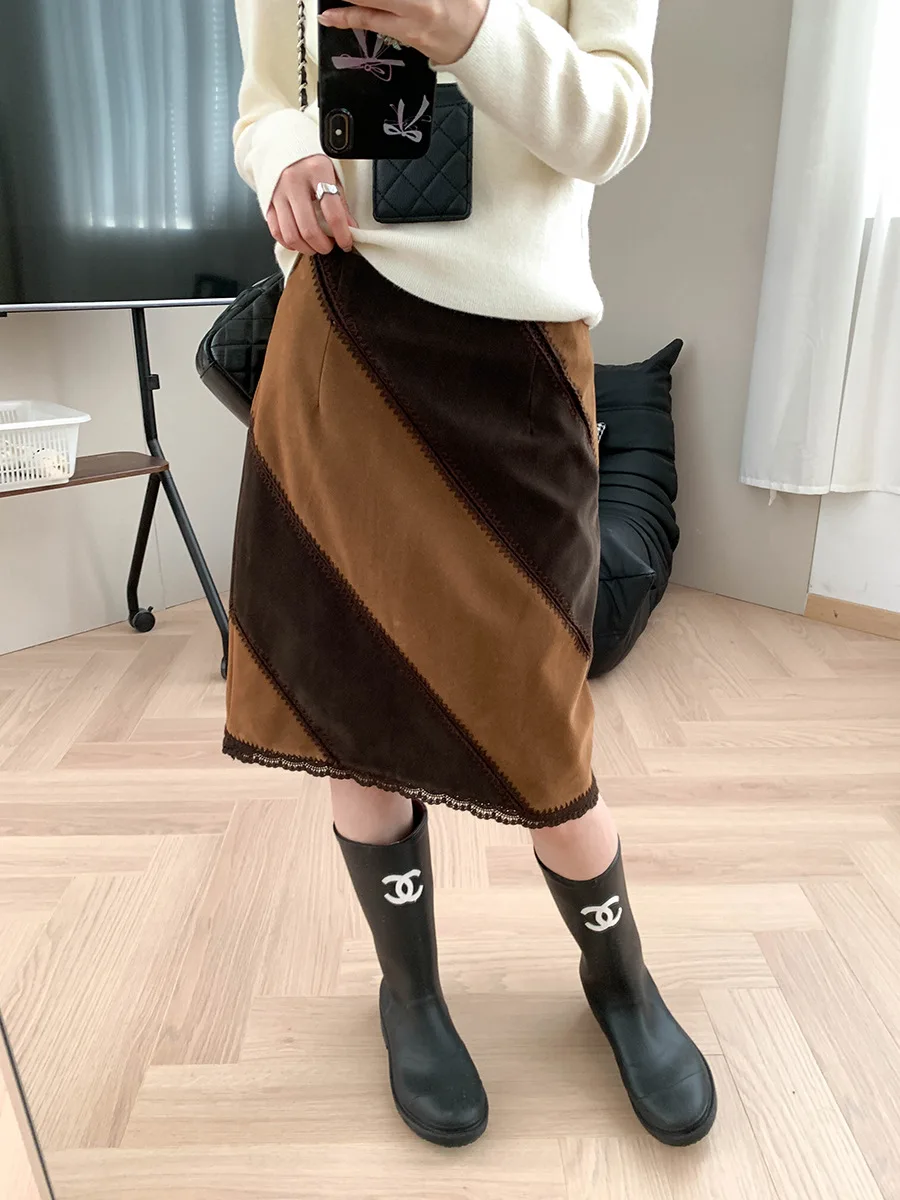 

Color blocking suede hook flower splicing high waist slimming straight tube skirt