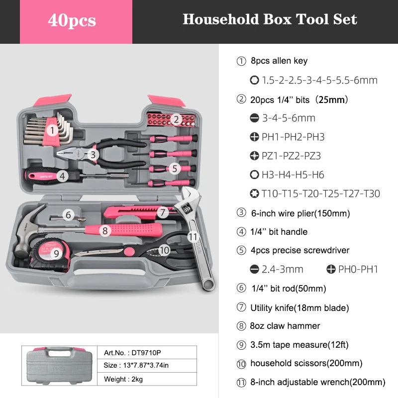 Ensemble d'outils à main rose pour femmes, ensemble d'outils conseillers, ensemble d'outils de pinces, boîte à outils de bricolage, boîte à outils domestique, outils de précision pour l'entretien et la réparation, 40 pièces