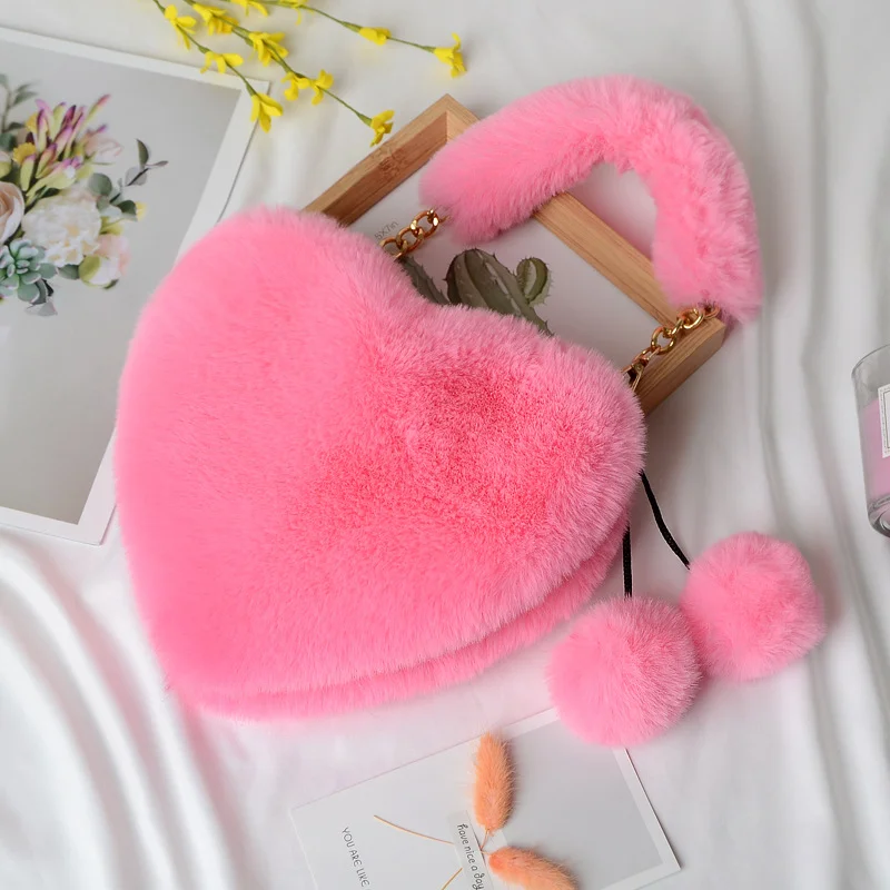 Luxury Faux Fur Heart-shaped Women Small Handbags Fluffy Plush Ladies Chain Shoulder Bag Fashion Female Furry Daily Clutch Purse