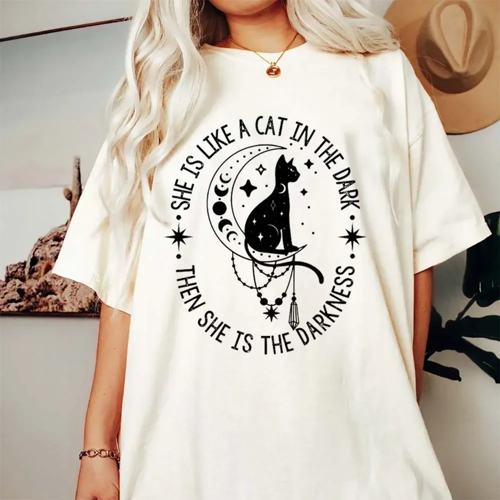 Fleetwood Mac Cat in The Dark Rhiannon Lyrics Women\'s O-Neck Cartoon Print Summer Unisex Short Sleeve Cute Vintage T-Shirt.