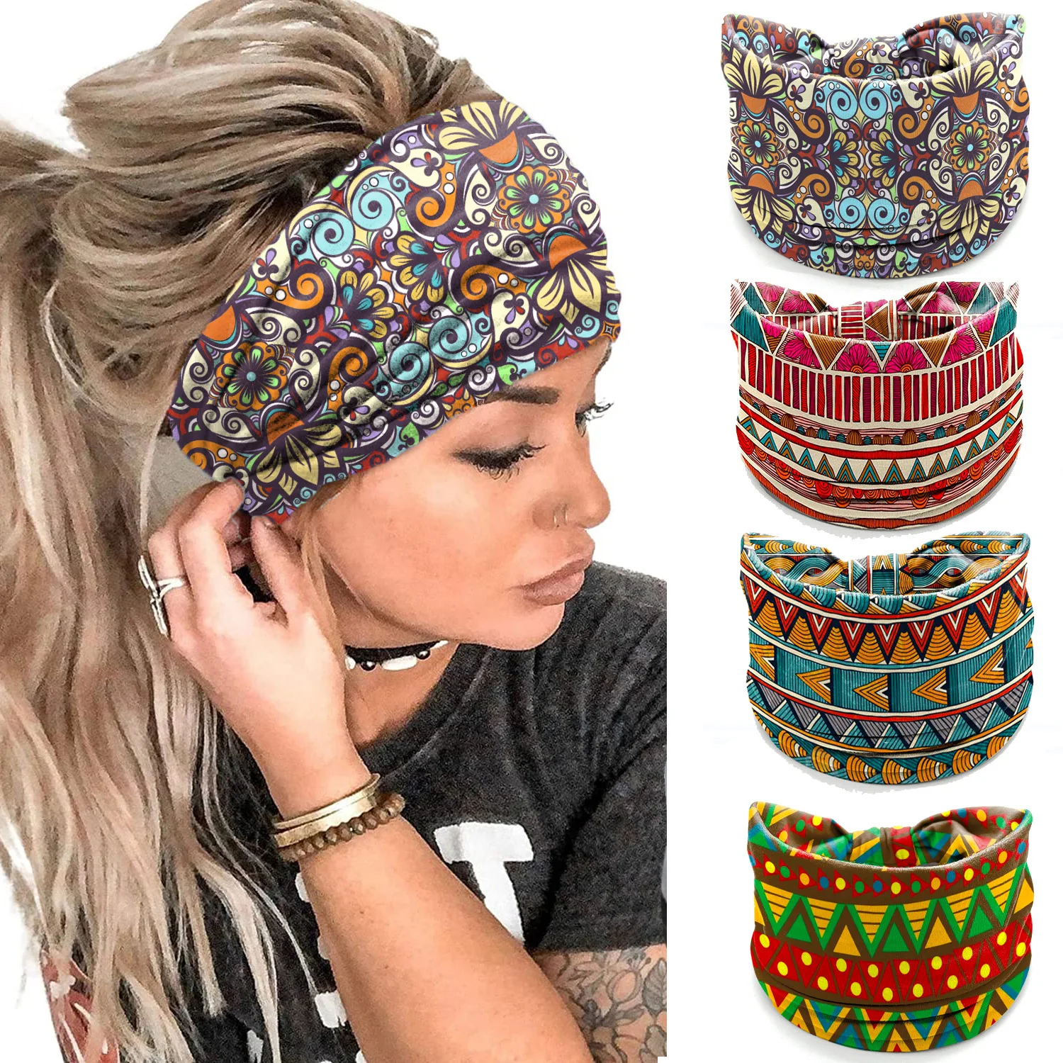 Boho Knotted Headband Women Wide Non Slip Hair Band Elastic Sports Headwear Yoga Hair Band Workout Headwrap Hair Accessories