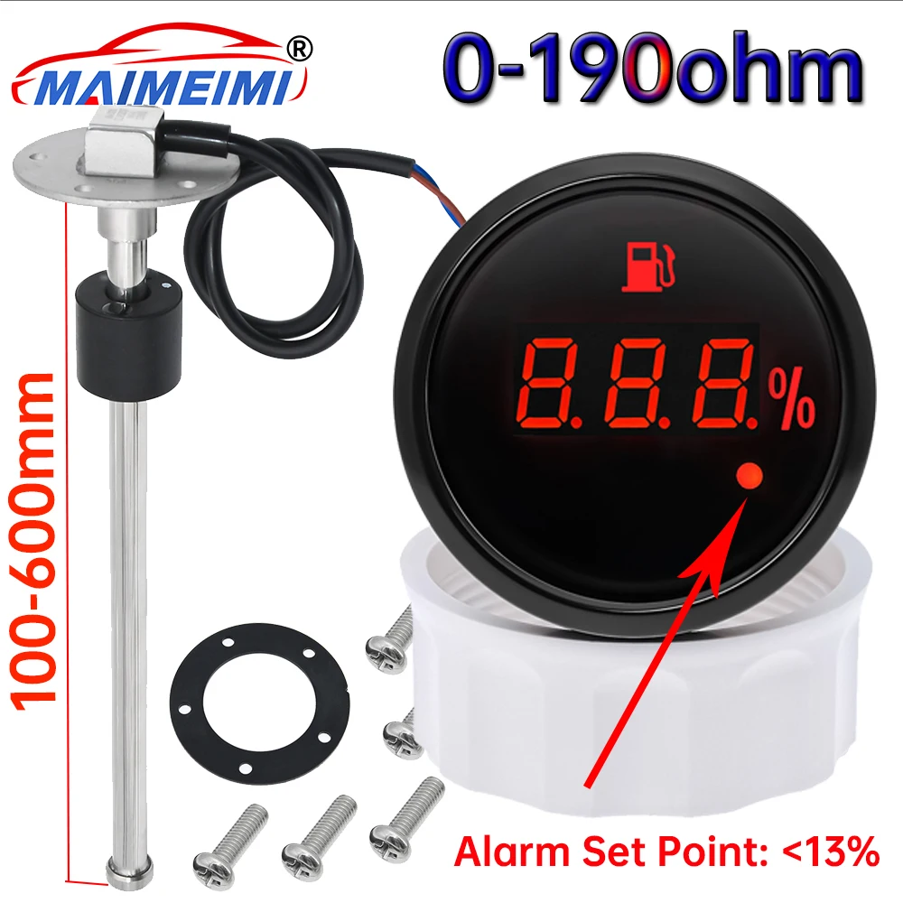 

2" 52MM Fuel Level Gauge 0-190ohm+100-550mm Fuel Level Sensor Stainless Steel with alarm function Red LED for car boat Marine