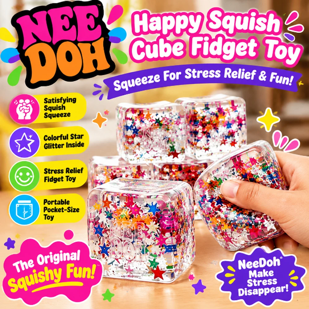 Original NeeDoh Happy Squish Cube Fidget Squeeze Toy Transparent Cube with Star Glitter Sequins Anti-Stress Portable Pocket Nove