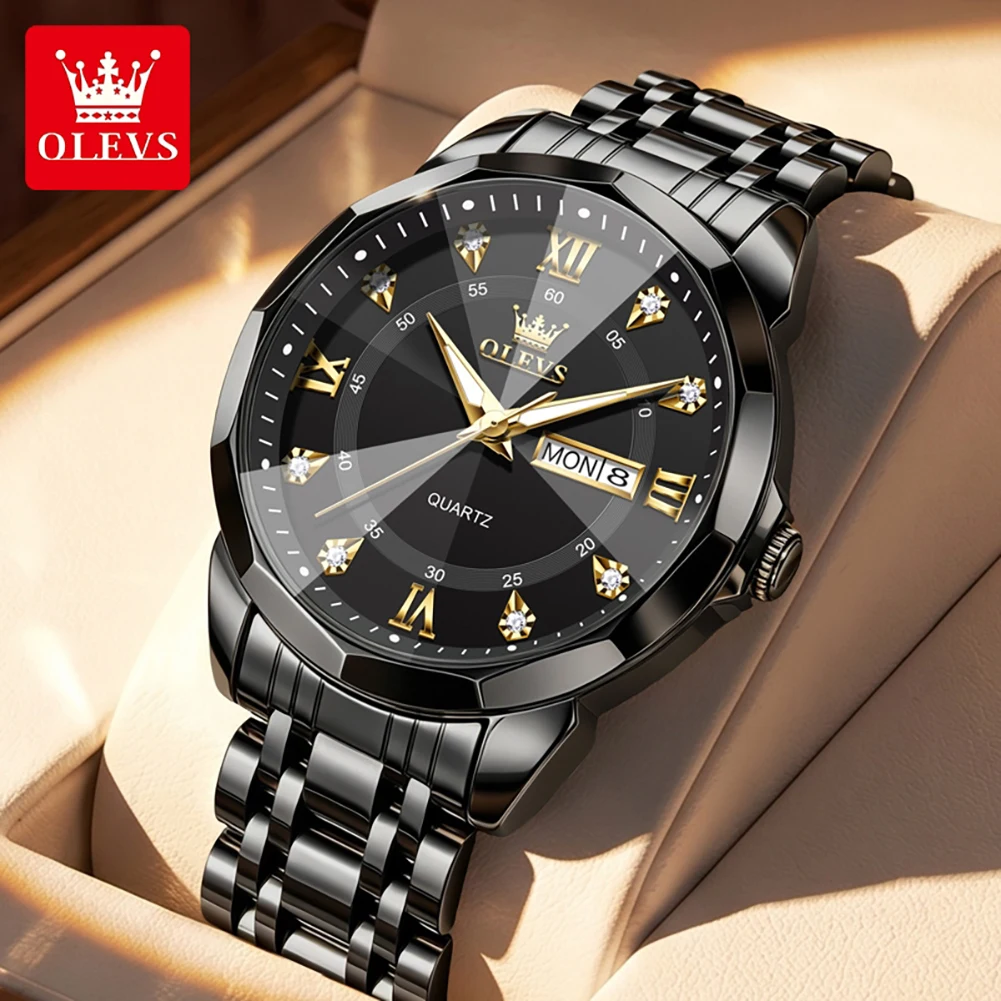 OLEVS 3759 Simple Quartz Movement Watch For Men Luminous Function 30m Waterproof Calendar Window Stainless Steel Strap Watch