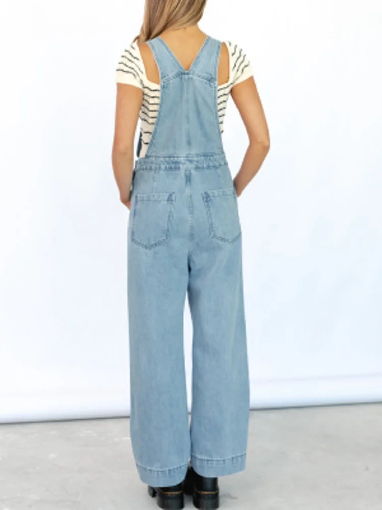 Women\'s Summer Denim Overalls Casual Vintage Wide Leg Work Jeans Bib Jumpsuits