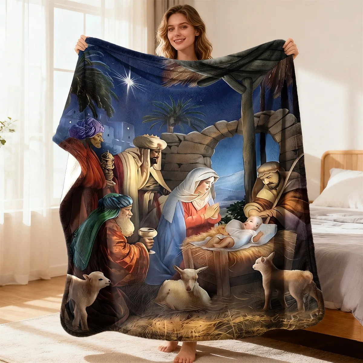 Nativity Scene Flannel Throw Blanket, Christmas Birth of Jesus Religious Soft Blanket for Couch Bedroom Home Decor Gift Ideas