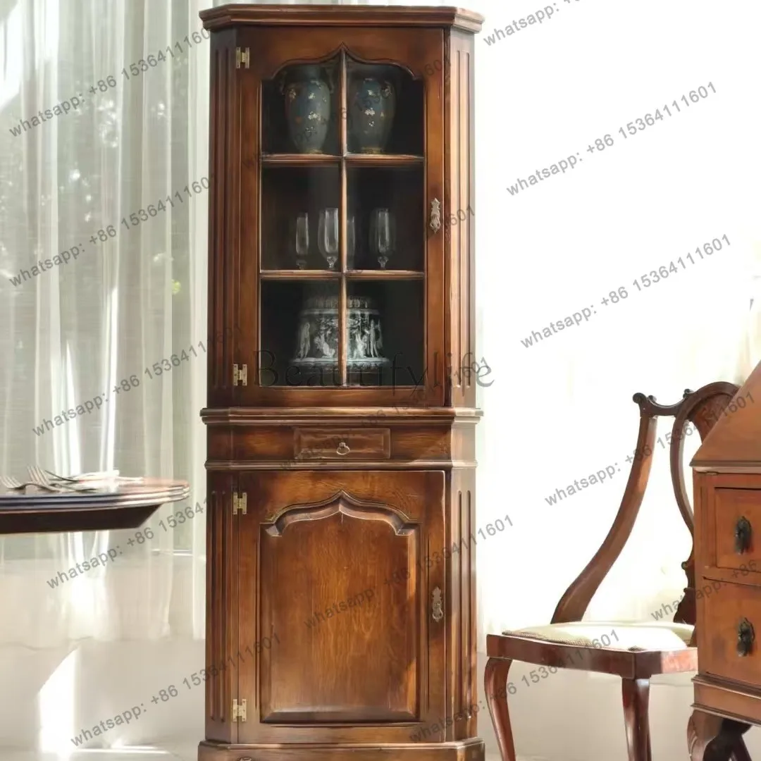 American retro solid wood corner cabinet glass door antique storage dust display wine cabinet