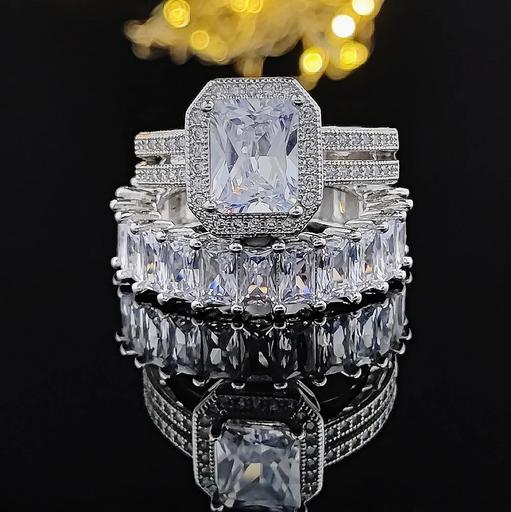 Hot Selling Luxury Princess Silver Color Bride Wedding Ring Set For Women Lady Anniversary Gift Jewelry Wholesale Moonso R6000