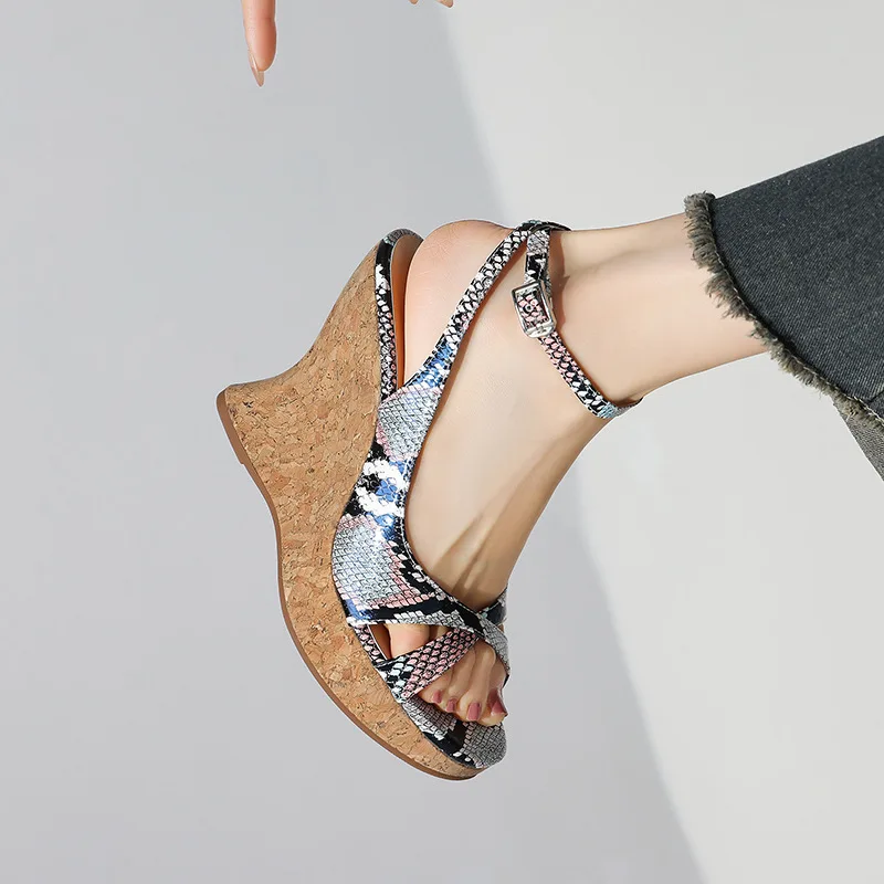 Summer European and American style snake pattern microfiber ultra-high heel platform sandals~ round head one-word buckle wedge