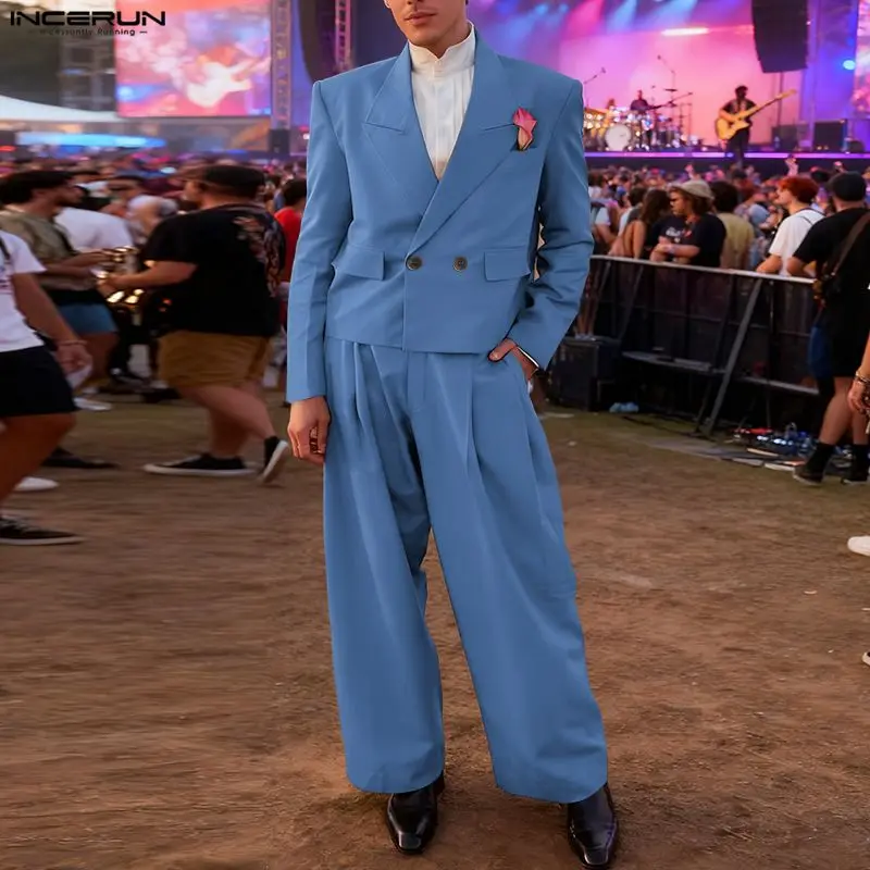 INCERUN 2026 Men Sets Solid Color Lapel Long Sleeve Blazer & Pants Two Pieces Sets Elegant Streetwear Fashion Men's Casual Suits