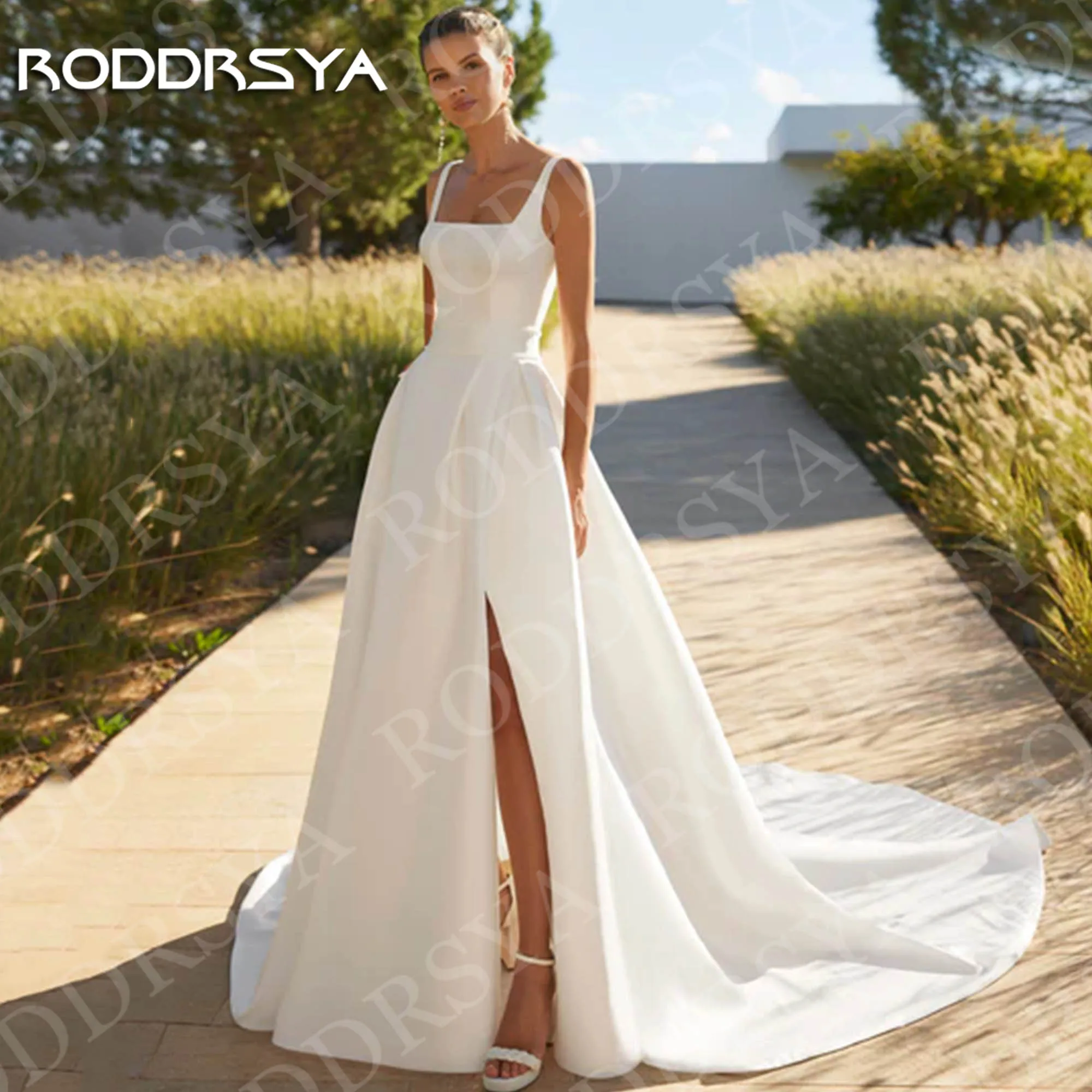 

RODDRSYA Modern Wedding Dresses Square Collar Bridal Gowns Elegant Satin Side Slit Bride Dress Customized robe de mariée 2026